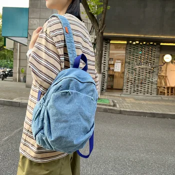 Повседневные школьные сумки из выстиранного денима, однотонные рюкзаки для подростков большой емкости, рюкзак для студентов, дорожная сумка