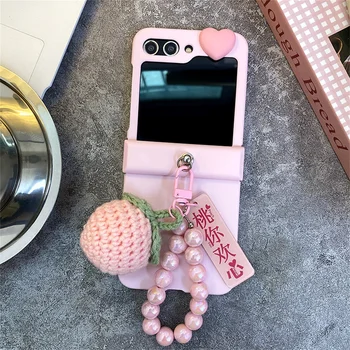 Простой Корейский Роскошный Однотонный Розовый Чехол-Цепочка Love Peach для Samsung Galaxy Z Flip 5 Flip5 ZFlip5 Противоударная Задняя Крышка