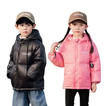 Пуховик для мальчиков и девочек, осенне-зимняя детская водонепроницаемая куртка с буквенным принтом, Уличные детские пальто на молнии с капюшоном из белого утиного пуха