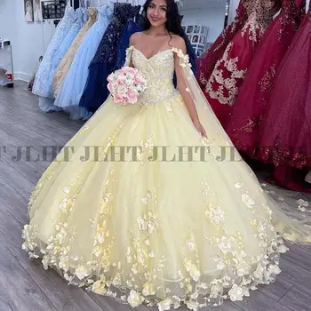 Пышное 3D Бальное платье с цветочным рисунком, пышное платье с рукавами-шалями, расшитое бисером Платье принцессы, Кружевное Длинное платье Sweet 15*