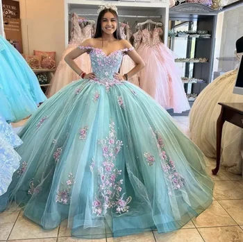 Пышные Платья Принцессы с 3D Цветами 2023, Аппликации с открытыми Плечами, Бусины, На шнуровке, Платье для выпускного вечера Mexi Sweet 16, Vestidos De 15 Anos