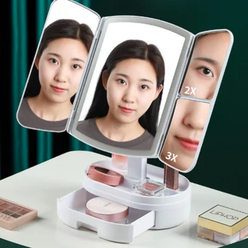 Реверсивное складное зеркало для макияжа, Светодиодное зеркало с выдвижным ящиком, Зеркало для макияжа с сенсорным экраном, 3 цвета, режимы освещения, Настольное косметическое зеркало
