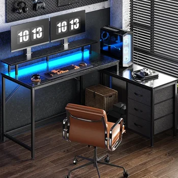 Реверсивный компьютерный стол Huuger L-образной формы с выдвижными ящиками, Игровой стол со светодиодной подсветкой и розетками, Офисный стол