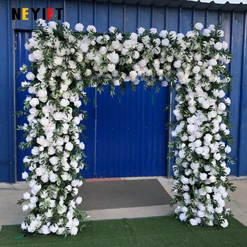 Роскошная 5D белая роза с зелеными листьями, Цветочная дорожка на открытом воздухе, свадебный фон, Декор арки, Цветочная композиция, реквизит для сцены мероприятия