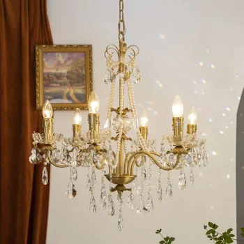 Роскошная латунная жемчужная свеча, капля воды, хрустальная люстра, вилла, итальянская гостиная, столовая, спальня, светильник