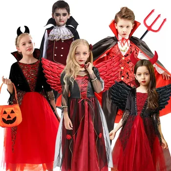 Роскошный карнавальный костюм вампира на Хэллоуин, черное сетчатое платье с шлейфом, детский косплей для девочек, одежда для мальчиков, костюм