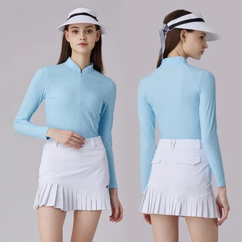 Рубашка поло Azureway Golf с длинными рукавами, женский модный топ на молнии со стоячим воротником, Весенне-летний костюм для гольфа, женская плиссированная юбка