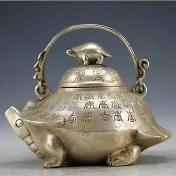 Ручная работа, восточный винтаж, ручная работа, белый медный портативный чайник в виде черепахи, украшение для сада, 100% настоящее тибетское серебро, латунь
