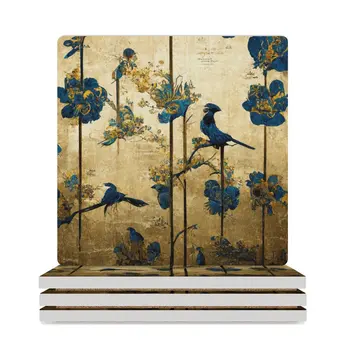 Синяя с золотом картина в стиле шинуазри с птицами и цветами Керамические Подставки (Квадратные) Подставки для черных чашек