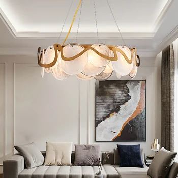 Современная светодиодная люстра для гостиной, спальни, столовой, кухни, потолочный светильник, круглое кольцо, подвесной светильник из стекла Gold Cloud