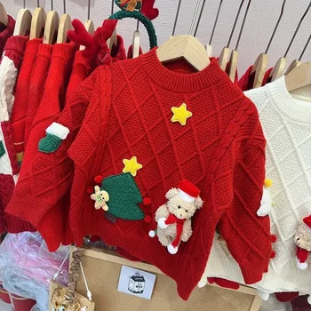Толстый свитер для девочек, осень-зима 2023, новый Новогодний рождественский трикотаж для детей, детская толстая базовая рубашка
