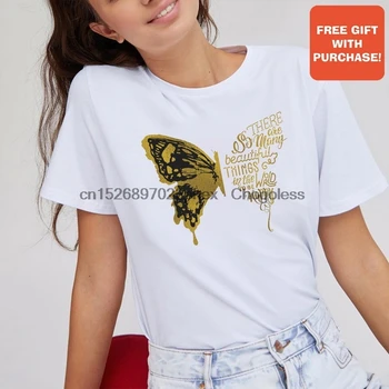 Хлопковая футболка с золотыми бабочками для женщин