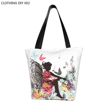 Цветочная фея С бабочками Сумка для покупок продуктов Женская Забавная Цветочная Холщовая сумка для покупок через плечо Сумка большой емкости