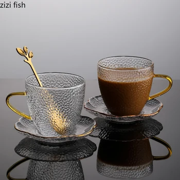 Чашка для эспрессо объемом 150 мл, прозрачная стеклянная кофейная чашка и блюдце с ложкой, декоративная кружка с золотой ручкой, стеклянная чашка для чая, декоративная кружка