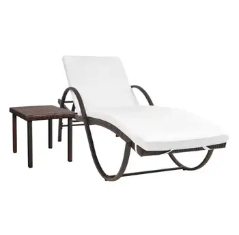 Шезлонг, лежак, Откидывающийся шезлонг с чайным столиком Легкий, для сада, Патио, коричневый и белый 193 x 65 x 56 см,