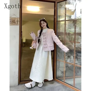 Шикарный женский комплект одежды Xgoth, Корейское модное зимнее двубортное короткое шерстяное пальто, трикотажное платье трапециевидной формы, роскошные женские наряды