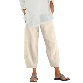 Широкие брюки для женщин, Укороченные брюки из хлопка и льна, Винтажные Однотонные Шаровары с карманами на резинке на талии, Летние Свободные пляжные брюки