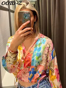 Элегантная атласная укороченная блузка с цветочным принтом, женская сексуальная рубашка с V-образным вырезом и длинным рукавом, женский летний Классический уличный топ 2023